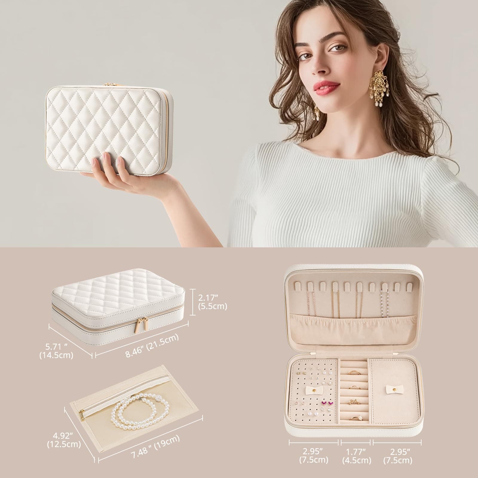 Lolalet Travel Jewelry Case for Women Girls -Medium, White | Jewelry Box Organizer for Travel Essentials, Mirror & Clear Storage Bag, Earring Necklace Bracelet Ring Holder, Ideal Gift thumbnail 6