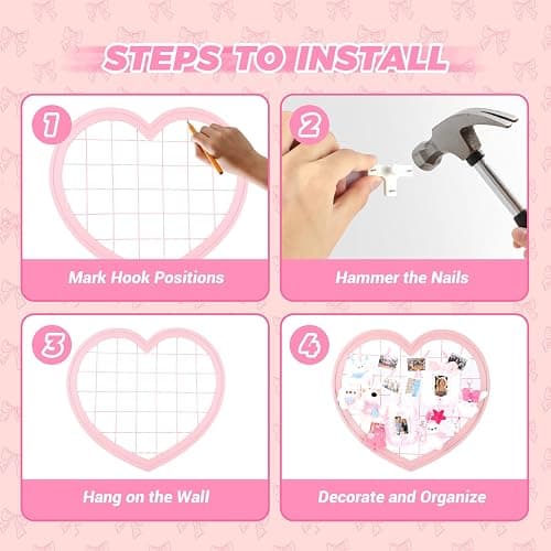 Jazcimdo Pink Preppy Coquette Room Decor, Heart Shape Wire Wall Grid Panel for Photo Display Board and Wall Storage Organizer, Wall Decor for Teen Girls and Women Home Bedroom Living Room and Dorm thumbnail 6