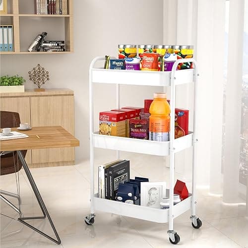 PNVXNUS 3-Tier Rolling Metal Storage Cart with Wheels, Multi-Functional Organizer for Office, Kitchen, Bathroom, Books Diapers - Easy Assembly (White) thumbnail 5