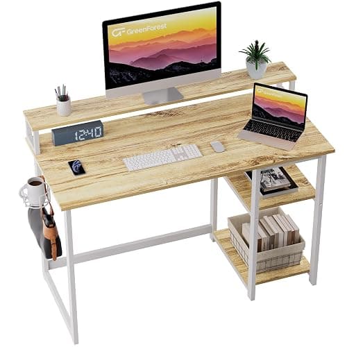 GreenForest Computer Desk with Full Monitor Stand,100 cm Home Office Desk with Reversible Storage Shelves,Small Study Desk with Headphone Hook and Cup Holder,Oak - Image 1