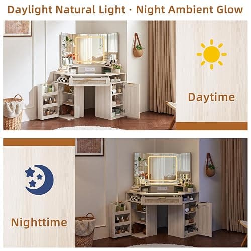 Lerliuo Corner Vanity Desk with 3 Way Mirror and Lights, 46'' Rattan Makeup Vanity with Glass Top Drawer, Boho White Make Up Storage Cabinets with Charger for Bedroom thumbnail 7