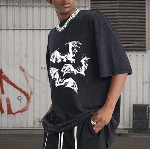 Pairxily Oversized Mens Graphic Tees Bat Print Vintage Shirt Streetwear Acid Wash Cotton Tshirt Baggy Y2k Short Sleeve Tops thumbnail 5
