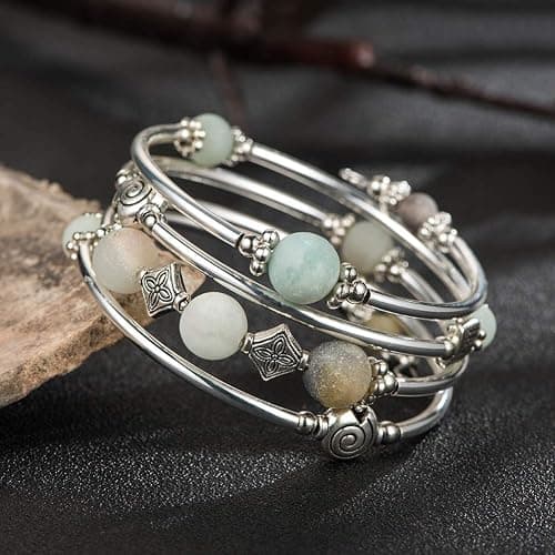 Beaded Pearl Bangle Wrap Bracelet - Fashion Bohemian Jewelry Multilayer Charm Bracelet with Thick Silver Metal Beads, Gift For Women thumbnail 3