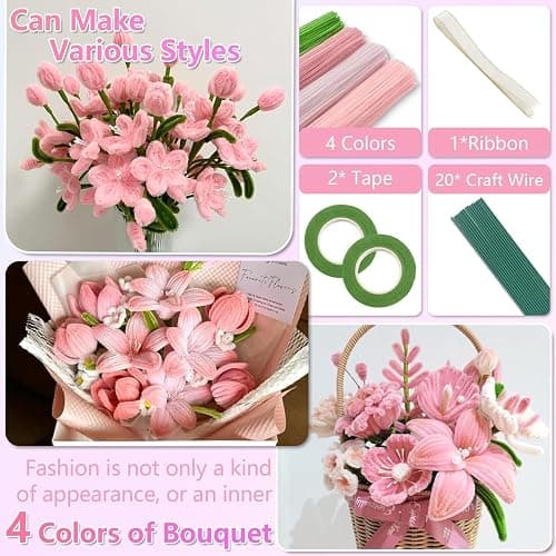 400 Pcs Pipe Cleaners Craft,4 Assorted Colors Pipe Cleaners Bulk, Chenille Stems for DIY Flower Making Kit with Floral Wires, Gardening Tape,Stamen& Ribbon (Pink) thumbnail 3