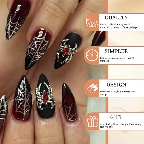 GlamRays 24 Stück Press on Nails Mittel Mandel Spinnen Charms Falscher Nagel Rot Gradient Falscher Nagel Mit Spinnennetz-Design Schwarz Matt Acryl Nagel Glänzend Kleb Nagel thumbnail 4