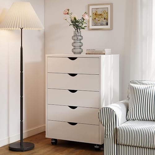 Sweetcrispy 5 Drawer Wooden Dresser, Storage Cabinets, Room Organization | Mobile Rolling Wheels, Vertical Organizer Chest, Home Office Bedroom Furniture, White Wood thumbnail 7