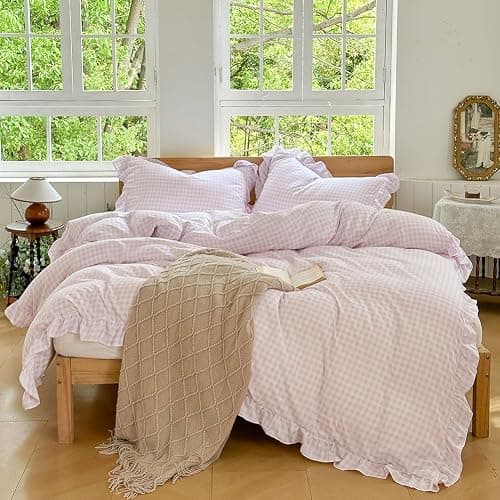 NSNLGSGC Pink Gingham Ruffle Duvet Cover Queen Size, 3 Pieces Soft Pre-Washed Microfiber Checked Plaid Comforter Cover Set, Vintage Farmhouse Bedding Set(Pink Gingham, Queen 90"x90") thumbnail 9