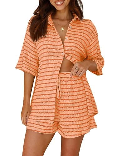 Tankaneo Womens Striped 2 Piece Sets Short Sleeve Button Down Shirt and Shorts Waffle Knit Pajama Lounge Set Summer Outfits - Image 1