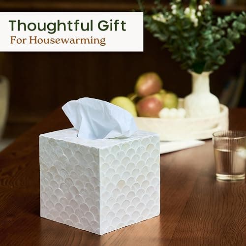 CHI AN HOME 5.8” Capiz Tissue Box Cover, Square Decorative Tissue Holder with Bottom Slider, Handmade Bathroom Accessories, Elegant White Cube for Vanity, Bedroom, Office & Coastal Décor (Natural) thumbnail 2
