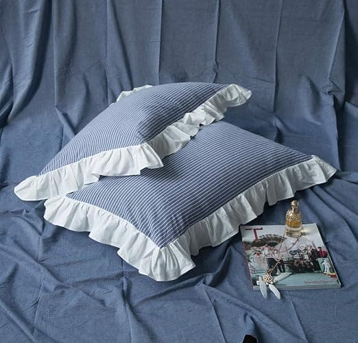 SUSYBAO Blue White Striped Duvet Cover Queen 100% Washed Cotton Denim Blue Ruffle 3 Pieces Set 1 Cute White Lace Duvet Cover with Zipper Ties 2 Pillow Shams Denim Ruffled Bedding Set thumbnail 5
