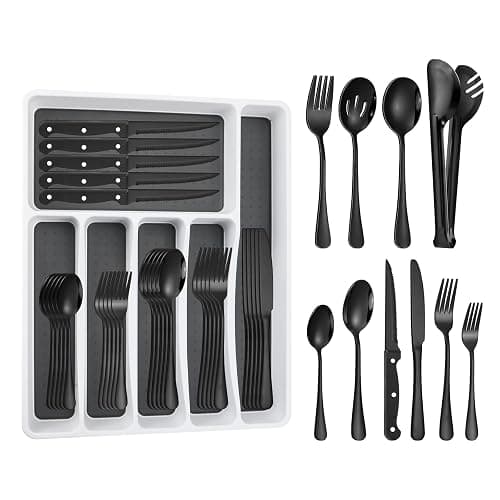 53PCS Black Silverware Set for 8 with Cutlery Drawer Organizer, Stainless Steel Flatware Set with Steak Knives, Include Spoons and Forks Set & Serving Utensils, Mirror Polished - Image 1