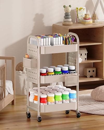 ALVOROG 3 Tier Rolling Cart with DIY Pegboards Metal Utility Cart with Wheels Handles Baskets Hooks, Craft Cart for Office Kitchen Bathroom(Khaki) thumbnail 6