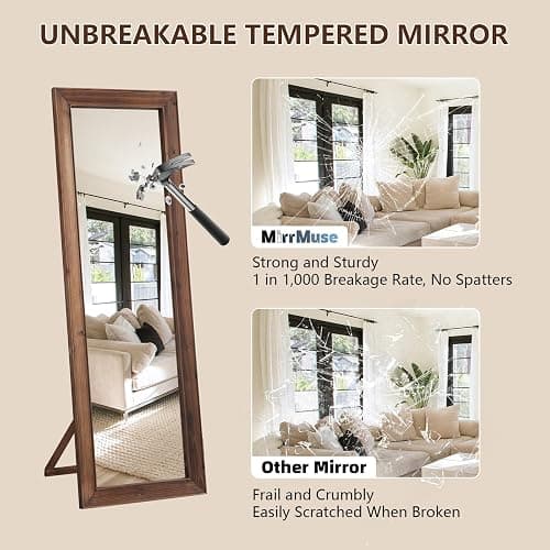 Rustic Floor Full Length Mirror Wood Frame, 56"X21" Farmhouse Free Standing Mirror for Bedroom Living Room Entryway, Hanging or Leaning Wall-Mounted, Tempered Glass, Brown thumbnail 7