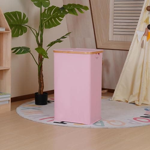 iEGrow Laundry Hamper with Lid, 110L Large Laundry Basket with Handle and Lid, Collapsible Clothes Basket Organizer with Removable Inner Bag for Clothes Toys Towels,Pink thumbnail 2
