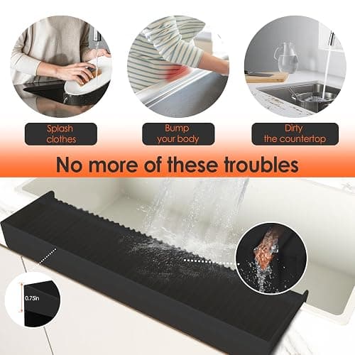Silicone Sink Edge Protector ＆Splash Guards, 5° Upgrade Multifunction Sink Accessorie, Splash Guard For Bathtub Sink, Countertop Protectors For Kitchen Sink Stainless Steel, Granite, Quartz, Black thumbnail 4