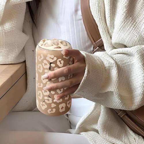 SANDJEST Leopard Glass Can, Beige Leopard Print Cup with Lid & Straw, Iced Coffee Aesthetic Cups, Gift for Christmas Birthday Mother Day, Gifts for Women, 16oz thumbnail 7