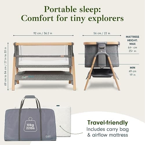 Tutti Bambini CoZee® Breeze PLUS - Extra Breathable Next To Me Crib & Standalone Baby Cot with Larger Mesh Side Windows, Easy Fold, with Mattress (0-6 months) - Oak/Charcoal thumbnail 2