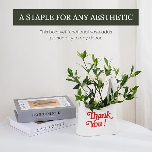 Handmade Ceramic Bag Flower Vase with Red “Thank You” Print | Glossy White Purse Vase for Modern Home Decor, Mantel, Kitchen, Living Room, Table Centerpiece thumbnail 8