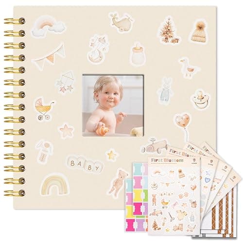 Vienrose Kids Scrapbook Album 8.5"X8.3" with Window Silk Fabric Cover Acid-Free Pages Personalised DIY Photos Scrapbooking for Baby Memory Book, First Year Keepsake Journal Gift Boy Girl, Beige - Image 1