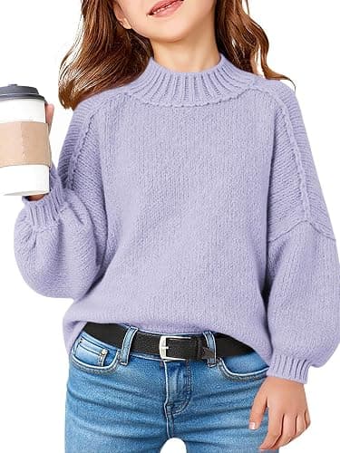 Haloumoning Girls Oversized Sweater Kids Batwing Long Sleeve Mock Neck Pullover Fall Clothes 5-14Y - Image 1