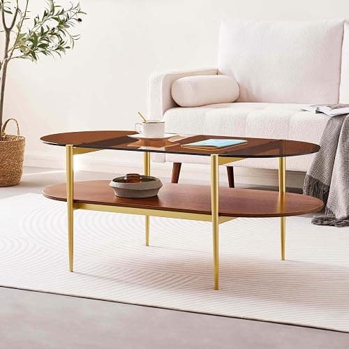 LumFurn Oval Glass Coffee Table, Mid-Century Modern Design, L41 x W21 x H17 inch, for Living Room, 2-Tier Structure, Amber Glass Top and Walnut Finish Wood Shelf, Conical Legs with Gold Finish Frame thumbnail 3