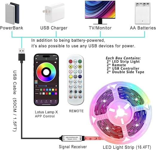 L8star Battery Powered Led Strip Lights, 2x16.4Ft (32.8Ft),Two Sets of Strip Light with 4 AA Battery Box/USB RGB LED Lights, Remote and APP Control thumbnail 2