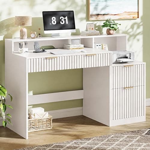 Vabches Fluted Computer Desk with Drawers, Home Office Desk with Power Outlets, Printer Stand and Storage Cabinet, Study Writing Desks with Long Monitor Stand, White - Image 1