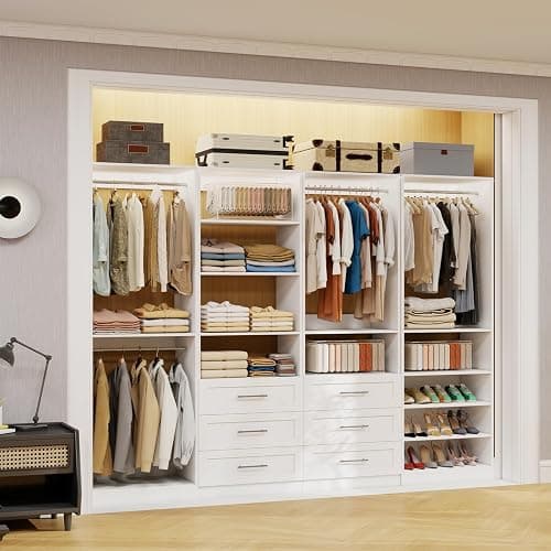 Secilix 8FT Modular Closet System with 6 Drawers, Walk-in Closet Organizer System with 8 Expandable Hanging Rods & Adjustable Shelving Towers, Heavy Duty Wood Closet Storage for Bedroom, White(4 sets) thumbnail 7