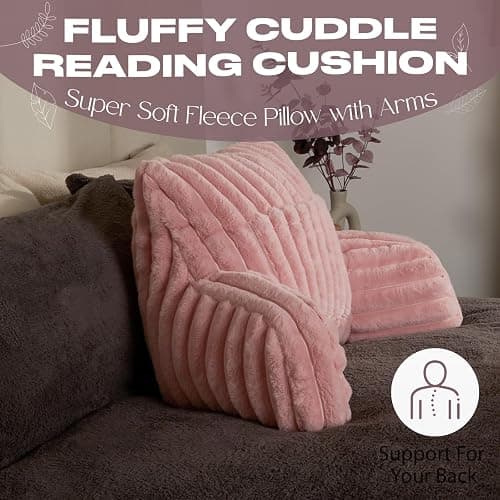 OHS Reading Pillow Faux Fur Ribbed, Heatable Pocket Cuddle Cushion for Bed Super Soft Cosy Pillow with Arms Support Pillows for Sitting up in Bed, Blush Pink thumbnail 4