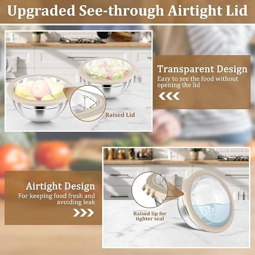 P&P CHEF Metal Mixing Bowls with Lids Set, Visible Airtight Lids & Khaki | 5 PCS Stainless Steel Mixing Nesting Bowls for Kitchen Prepping, Storing, Healthy & Easy Clean, Size 4.6, 3, 1.5, 1, 0.7 QT thumbnail 4