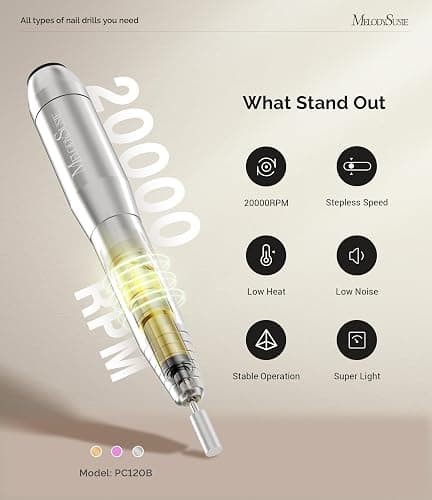 MelodySusie Portable Electric Nail Drill,PC120B Compact Efile Electrical Professional Nail File Kit for Acrylic, Gel Nails, Manicure Pedicure Polishing Shape Tools Design for Home Salon Use, Silver - Silver thumbnail 4