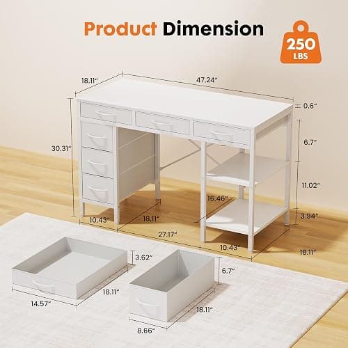 Sweetcrispy 47" Computer Desk with 6 Fabric Drawers & Storage Shelves | Reversible Gaming Desk, Office Desk, Computer Workstation, Corner Desk with Storag, Home Office, Living Room, White thumbnail 3