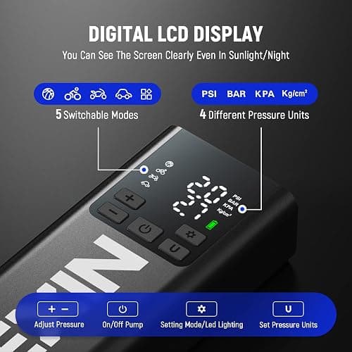 LEXIN P5 Tire Inflator Portable Air Compressor, 150PSI Electric Air Pump for Car Tires, w/Pressure Gauge&LED Light, 5000mAh Cordless Smart Pump for Car/Motorcycle/Bike/Bicycle/Scooter/Ball, Alloy thumbnail 4