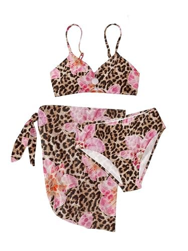RoseSeek Girls 3 Piece Bikini Set with Beach Skirt Floral Leopard O-Ring Padded Swimsuit for Teen Girls - Image 1