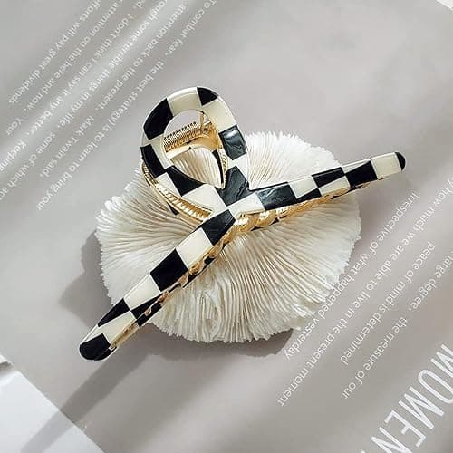 Big Butterfly Metal Hair Claw Clips for Women - Checkerboard Clamps with Strong Hold, 4.7" Large Hair Accessories for Long Thick Hair (Black&White) thumbnail 3