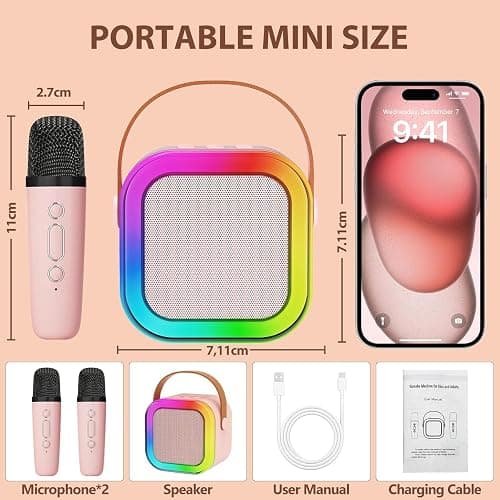 Karaoke Machine for Kids Adults, Mini Karaoke Machine with 2 Wireless Microphone, Portable Bluetooth Speaker with Voice Changing Effects & LED Lights, Best Gifts Toys for Girls and Boys thumbnail 4