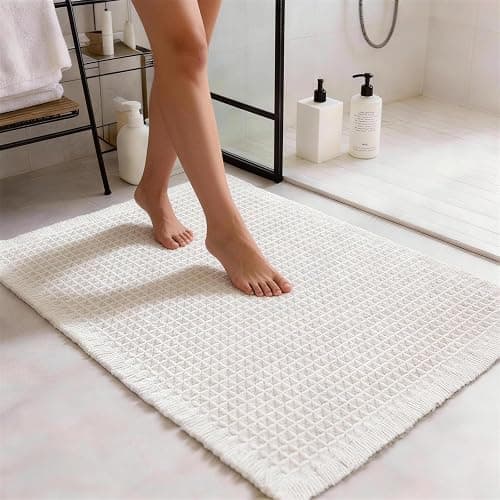 ZVFFDG Set of 2 Waffle Bathroom Rugs, Large Non Slip Absorbent Waffle Knit Bath Mat for Shower Floor, Tub and Bathroom Door, Ultra Soft Quick Dry, Cream White, 17"x24"+18"x30" thumbnail 2