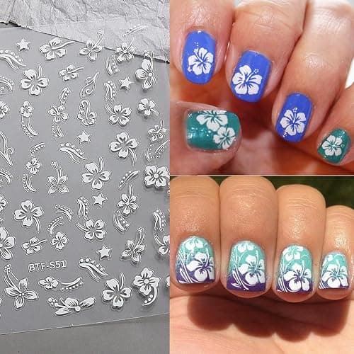 6Sheets Hibiscus Flower Nail Stickers White Pink Nail Decals Elegant Floral Petal Wavy Line Strip Tropical Leaf Designs French Tip Sticker for Women Nail Supplies Spring Nail Decorations Accessories thumbnail 4