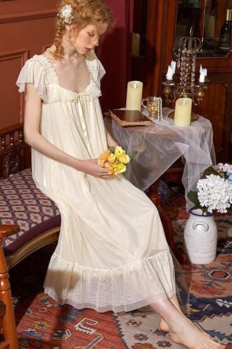 SINGINGQWEEN Womens' Summer Victorian Nightgown Babydoll Chemises Sleepwear Sheer Nightdress Bridal Nighty Pajamas thumbnail 4