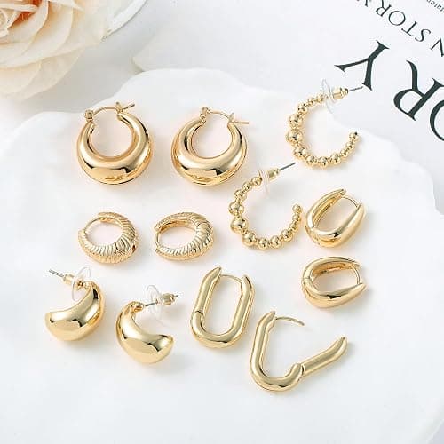ALLHOLA 6 Pairs Gold Hoop Earrings for Women, 14K Gold Plated Lightweight Chunky Hoop Earrings Set Hypoallergenic, Thick Open Huggie Hoops Earrings Jewelry for Gifts. thumbnail 4