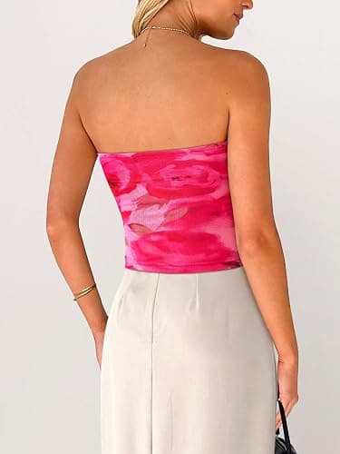 MASCOMODA Womens Fashion 2025 Summer Floral Mesh Tube Top Ruched Going Out Bandeau Sleeveless Strapless Crop Tops Y2k Clothes thumbnail 5