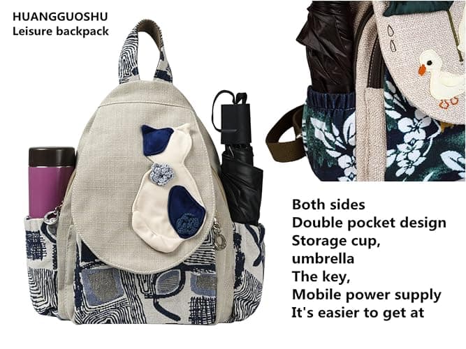 HUANGGUOSHU Boho and Bohemian Small Canvas Backpack Purse for Women - Adjustable Carry Sling Bag, Embroidered and Woven Tapestry Patterns 1 Cat thumbnail 5