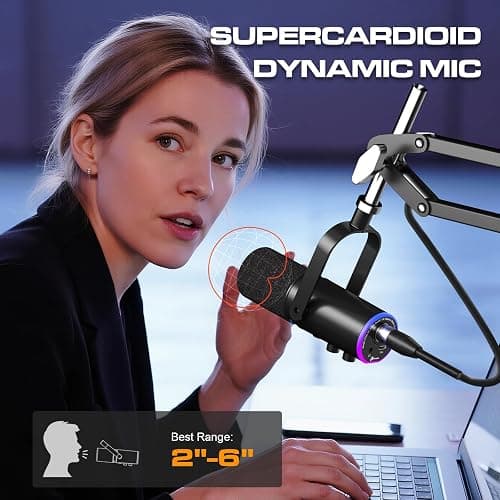 P PUPGSIS XLR/USB Podcast Microphone, Gaming Mic with Mute Button, Reverb Effects, Noise Cancellation, Boom Arm Stand, Headphones Jack, Dynamic Microphone for Streaming/Recording/Gaming/Vocal-Black thumbnail 4