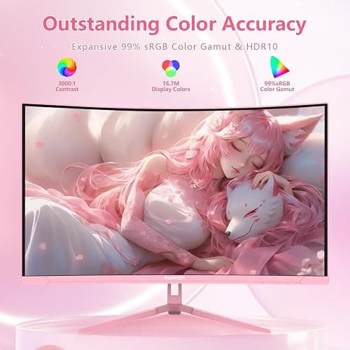 Raywego Pink 27 inch Curved Gaming Monitor 180Hz,FHD 1080P,1800R LED Display,Pink Computer Monitor,1ms (MPRT),FreeSync,Eye-Care Technology, DP, HDMI Port for Gaming Home Office,VESA(75mm*75mm) thumbnail 3