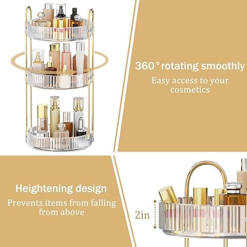 MOKANI 360 Rotating Makeup Organiser, 3 Tiers Spinning Skincare Organiser, Multi-Function Make Up Storage, Large Capacity Cosmetic Perfume Stand for Vanity, Bathroom and Bedroom thumbnail 4