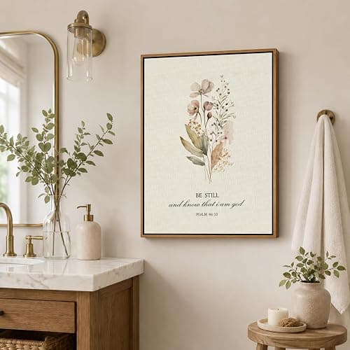 Be Still and Know That I am God - Psalm 46:10 Framed Canvas Wall Art, Watercolor Wildflower Bible Verse Print, Christian Religious Wall Decor for Bedroom Living Room, 8x10 Inch Natural Wood Frame thumbnail 3