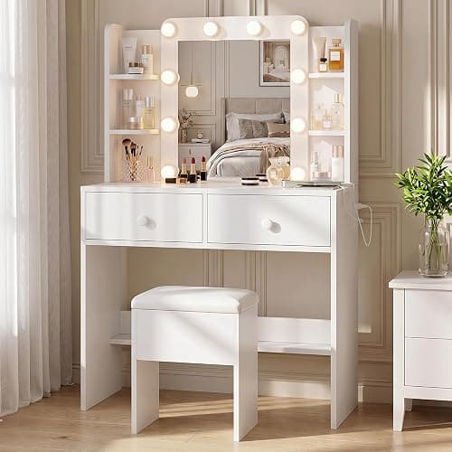 FUXA Makeup Vanity Desk with LED Mirror and Charging Station, Vanity Table Set with Storage Drawers, Shelves and Chair, Dressing Table with 3 Lighting Modes for Bedroom, White - Image 1
