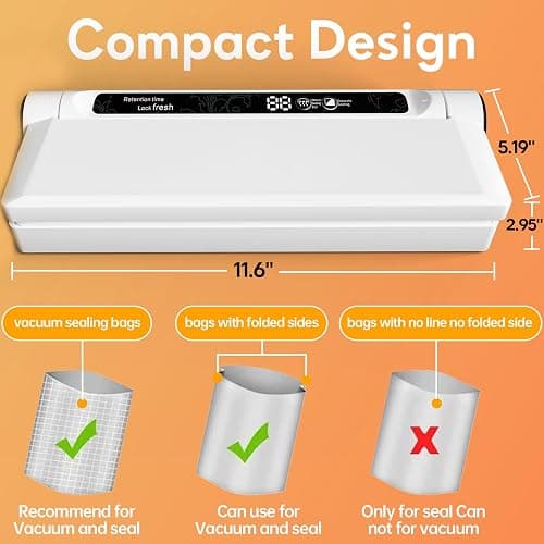 Food Vacuum Sealer Machine, 75KPA Strong Suction, Dry/Wet Modes, 20 Vacuum Seal Bags for Food, Digital Countdown Timer, Compact Lightweight, Ideal for Home Kitchen Use thumbnail 2