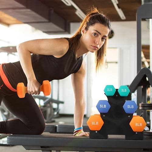 Fitvids Colored Neoprene Dumbbell Set with Rack, Multiple Weight Options, 20LBS, 32LBS, 50LBS and 56LBS Sets thumbnail 7