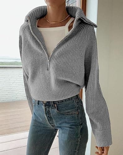 BTFBM Womens Sweaters Quarter Zip Pullover V Neck Collar Long Sleeve Ribbed Knit Loose Casual 2025 Winter Fall Sweater thumbnail 3